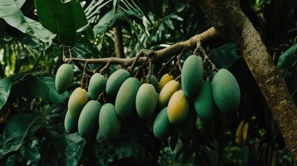 Poster - Green mangoes hanging on branches in lush tropical mango farm surrounded by dense foliage and vibrant nature.