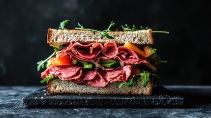 Poster - Layered Pastrami Sandwich with Fresh Vegetables on Whole Grain Bread against Dark Background