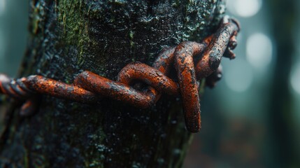 Poster - Close up of textured rusted wire wrapped around a tree trunk in a misty forest setting showcasing nature's reclamation and deterioration.