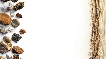 Poster - Stones and sand arranged on a white background showcasing natural textures and earthy tones for design and decoration projects