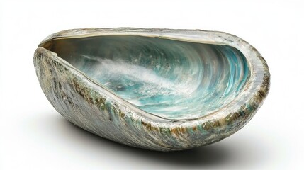 Poster - Mussel shell displaying intricate textures and colors on a minimalist white background for culinary or marine-themed projects