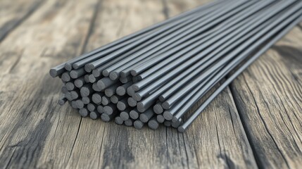 Poster - Steel rods stacked together on wooden surface for construction and engineering applications showcasing industrial materials and craftsmanship