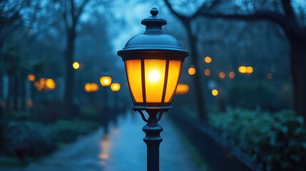 Aufkleber - Classic street lamp glowing softly in evening park setting with blurred lights creating a serene atmosphere for pedestrians in springtime.