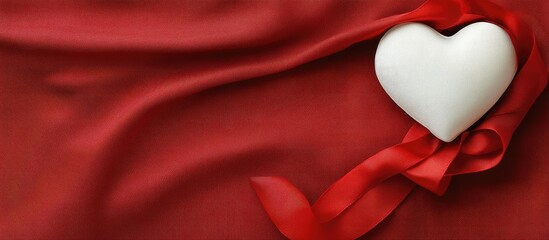 Poster - Elegant white heart with red ribbon on luxurious red fabric creating a romantic and festive atmosphere for love-themed designs.