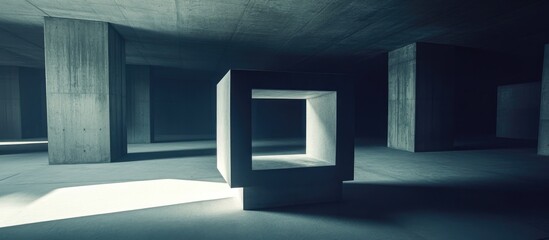 Poster - Minimalist architectural design featuring a square structure illuminated in a stark concrete space with dramatic shadows and angles.