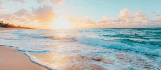 Poster - Serene beach sunset with gentle waves lapping on the shore creating a tranquil coastal scene in soft natural light.