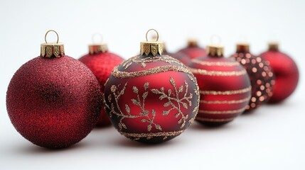Poster - Red Christmas ornaments in various textures and designs arranged on a white background for festive holiday decor and celebration imagery.