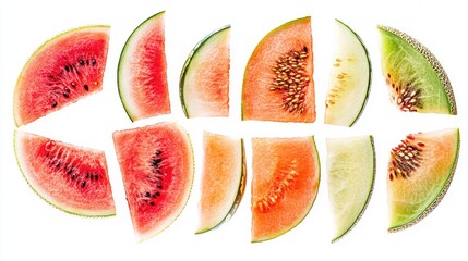 Poster - Colorful melon slices arranged in a creative pattern isolated on a clean white background for fresh fruit presentations and designs.