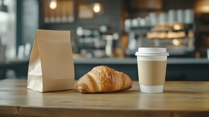 Poster - Breakfast scene with croissant and coffee cup in eco-friendly packaging on wooden table showcasing morning cafÃ© ambiance
