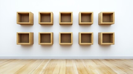 Poster - Wooden display cabinet with square open shelves arranged symmetrically against a clean white wall, showcasing minimalist design and natural wood grain, interior decor, furniture.