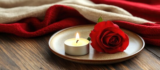 Poster - Rose flower and candle on a wooden table surrounded by cozy fabric for romantic ambiance and serene atmosphere decoration