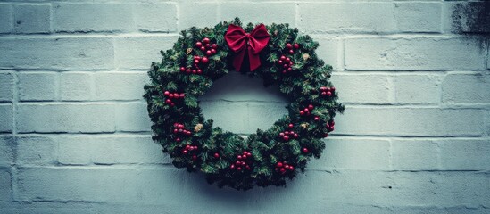 Aufkleber - Natural Christmas wreath adorned with red bows and berries against a rustic white brick wall for a festive holiday decor aesthetic.