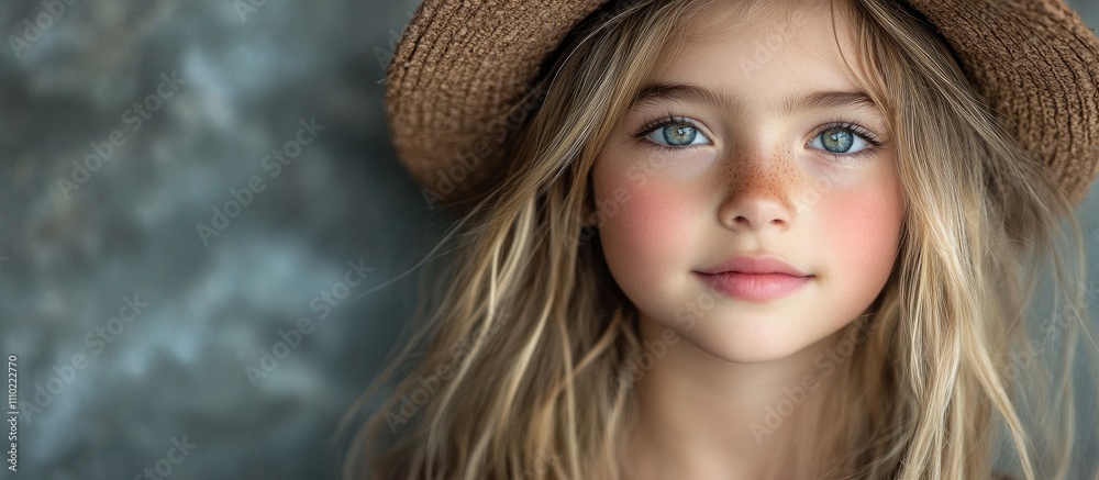 Young girl with blonde hair and blue eyes wearing a straw hat, posing ...
