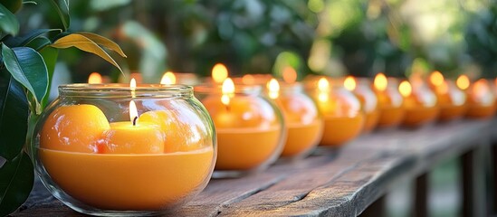 Poster - Aromatic tangerine scented candles glowing softly on a rustic wooden table surrounded by lush greenery in a serene outdoor setting.