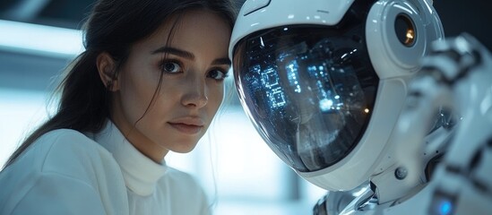 Poster - Woman collaborating with AI robot in a modern office showcasing automation and advanced technology integration in professional environments