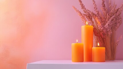 Poster - Cozy interior scene with glowing orange candles and dried flowers on a white table against a soft pastel background for text placement