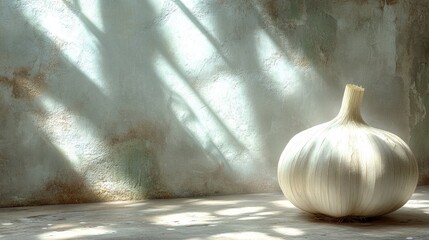 Aufkleber - Garlic bulb positioned on a textured surface with soft light creating gentle shadows and an atmospheric backdrop