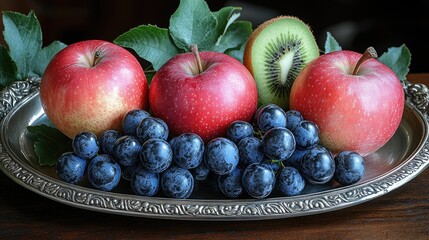 Poster - Silver platter with fresh red apples kiwi and dark grapes surrounded by green leaves showcasing a vibrant fruit arrangement.