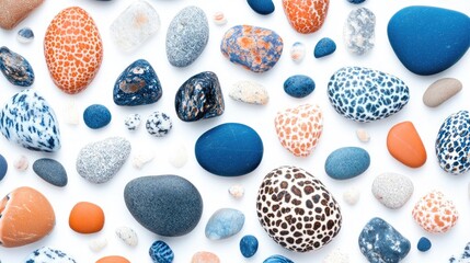 Poster - variety of colorful sea stones arranged artistically on a white background showcasing natural patterns and textures