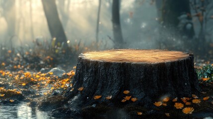 Poster - serene forest scene featuring a tree stump surrounded by autumn leaves and soft mist in a tranquil e