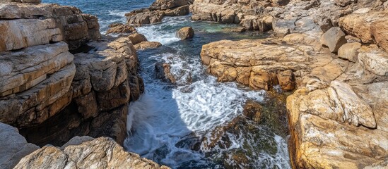 Poster - Waves crashing against rugged coastal rocks creating a dynamic seascape with intricate textural patterns and natural beauty.