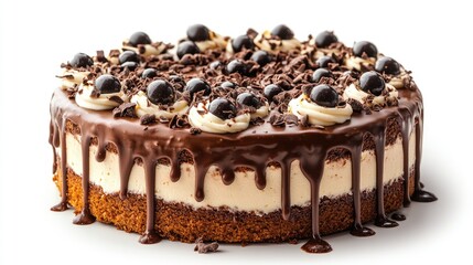 Poster - Creamy chocolate cake topped with dark cherries and chocolate shavings on a smooth white background