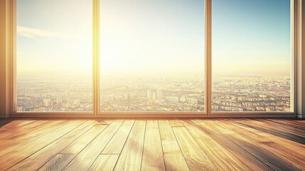 Poster - Sunlit empty living room with wooden flooring and large windows showcasing a vibrant cityscape view during golden hour.