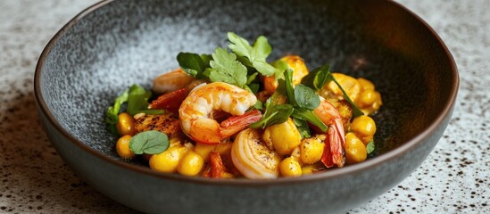 Poster - close up of a vibrant seafood dish featuring shrimp, chickpeas, and fresh herbs in a stylish bowl on a speckled surface