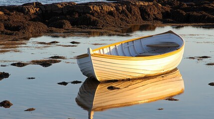 Poster - Boat stranded on rocky shore at low tide reflecting in calm water during golden hour light