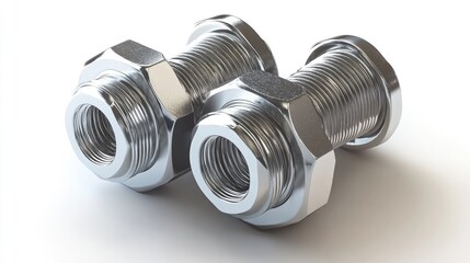 Poster - Stainless steel metric bolts and nuts industrial machined components isolated on a white background for engineering and manufacturing purposes