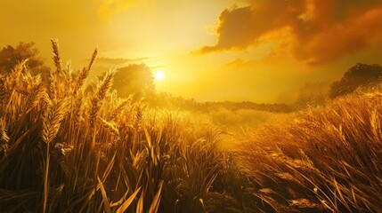 Aufkleber - Golden Wheat Field at Sunset with Warm Glowing Sky and Dramatic Clouds in the Background