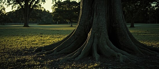 Poster - Tranquil afternoon scene beneath a large tree showcasing its majestic roots and dappled sunlight on a grassy landscape.