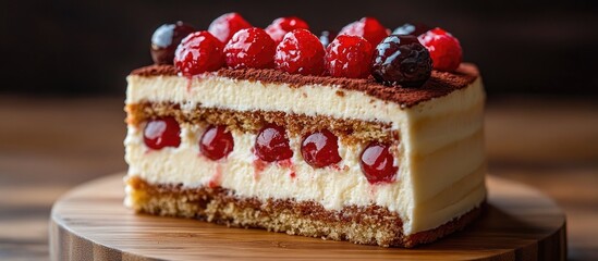 Aufkleber - Delicious slice of layered cake topped with cherries on a rustic wooden table setting