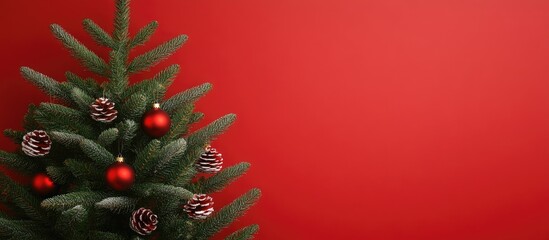 Aufkleber - Festive decorated Christmas tree with red ornaments and pine cones against a vibrant red background for holiday celebrations and decorations