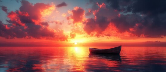 Poster - Serene sunset over calm waters with a lone boat creating a tranquil summer atmosphere in vibrant colors and dramatic cloud formations