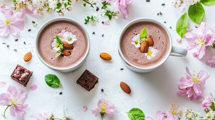 Poster - Hot chocolate cups with brownies almonds and spring flowers on white background for a relaxing coffee break atmosphere