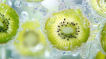 Poster - Fresh kiwi slices submerged in sparkling water creating an appealing and vibrant fruit splash against a bright background.