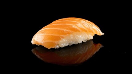 Poster - Fresh salmon sushi piece elegantly presented on a reflective surface showcasing vibrant colors and texture against a black background