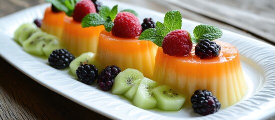 Poster - Delightful fruit desserts presented on a white platter with vibrant berries and mint garnishing for special occasions