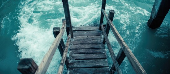 Poster - turquoise water flowing around a wooden dock with waves gently crashing against the structure in a serene coastal setting