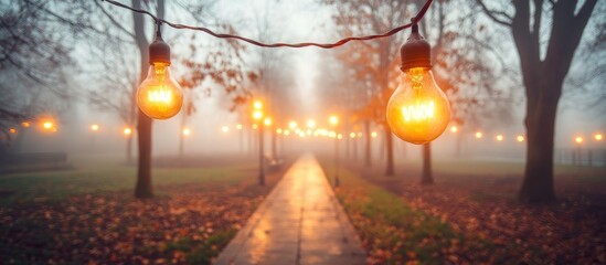Poster - Festive hanging light bulbs glowing warmly in a foggy park, creating a mystical atmosphere with a film tone and hipster aesthetic.
