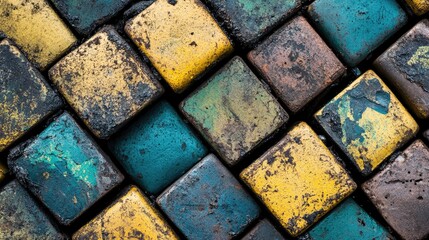 Poster - Textured steel squares in industrial setting showcasing color variations and patterns for use in design and manufacturing backgrounds.