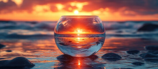 Poster - serene sunset reflected in a glass bowl on the beach with glowing hues illuminating the tranquil sea