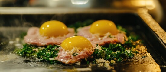 Poster - Minced meat with chicken yolk and herbs on a grill showcasing a delicious culinary preparation process