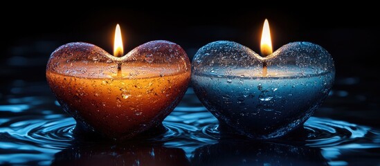 Poster - Vibrant heart-shaped candles glowing in the dark with raindrops reflecting romantic ambiance and tranquility in a serene setting