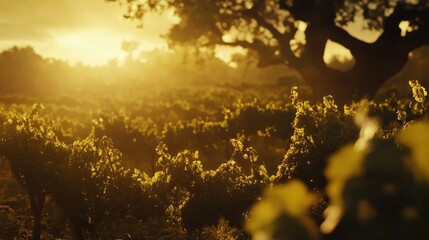 Poster - Sunlit grapevines stretching towards the horizon showcasing the beauty of nature and the art of vineyard cultivation at sunset