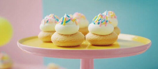 Colorful dessert display featuring frosted cookies and playful decorations appealing to children and families in a vibrant setting