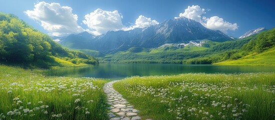 Poster - Scenic pathway leading to a tranquil green lake in a serene valley surrounded by mountains and vibrant greenery.