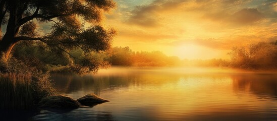 Poster - Serene sunrise over tranquil lake with misty reflections and lush trees in a peaceful natural landscape.