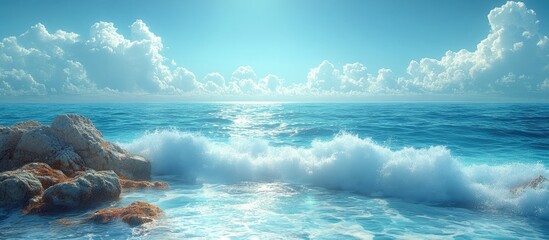 Poster - Tranquil seascape with waves crashing against colorful rocks under a bright sky and soft clouds creating a serene coastal atmosphere